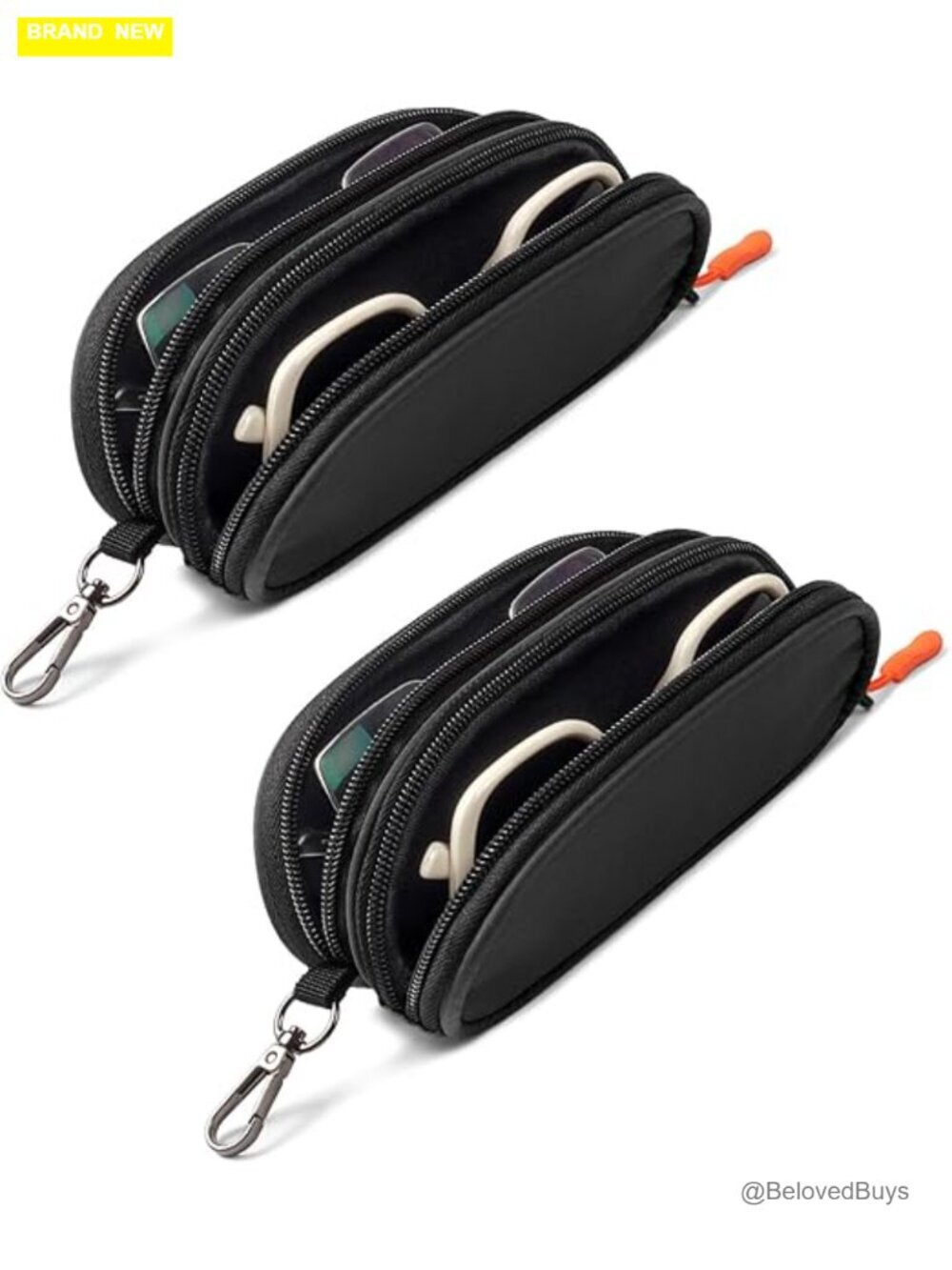 Double Eyeglasses Case with Keychain Clip - Soft Portable Sunglasses Pouch for